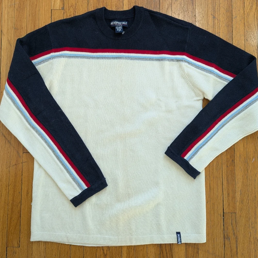 90s Vintage Mens Cream 3D Knit Colorblock Tennis Sweater Medium Varsity Preppy